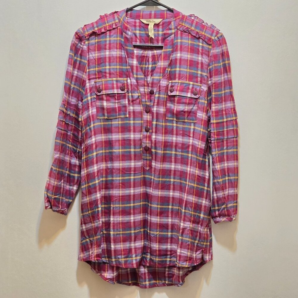 Matilda Jane‎ Pink Blue Plaid Long Sleeve Half-Button Ruffle Pocket Top Small